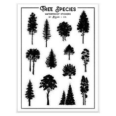 the tree species sticker sheet is shown in black and white, with different trees on it