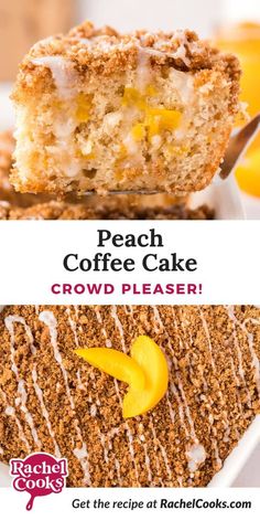 a close up of a piece of cake on a plate with the words peach coffee cake