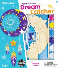 the craft kit is designed to look like a dream catcher with feathers and stars on it