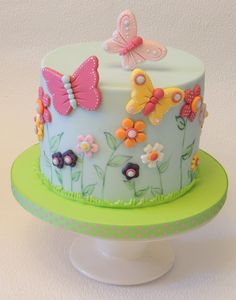 there is a cake decorated with flowers and butterflies