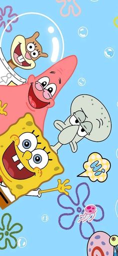 spongebob and friends are flying through the air together in an animated scene with bubbles