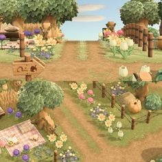 an animated farm scene with animals, flowers and other things in the area that is painted