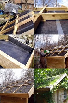 the process of building a garden shed is shown in three different pictures, including roofing and