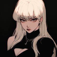 an anime character with long white hair, wearing a black dress and cross necklaces