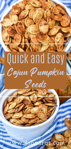 quick and easy cajun pumpkin seeds in a white bowl on a blue striped towel