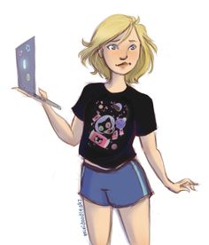 a drawing of a girl holding a laptop computer in her hand and looking at the camera