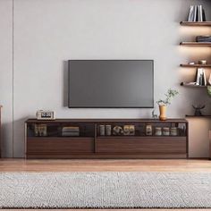 This minimalist TV stand combines sleek design with practical storage. It features open and closed compartments, sliding glass doors, and handcrafted joinery for a modern yet timeless look. Creature B Comforts Color: Dark Brown | Creature B Comforts Retro simple design sense TV cabinet brown / greenWood / Glass in Dark Brown | 88" | Wayfair Minimalist Tv Stand, Sliding Glass Doors, Tv Stands And Entertainment Centers, Practical Storage, Tv Cabinet, Living Room Tv, Comfort Color, Tv Cabinets, Glass Doors