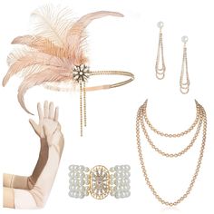 PRICES MAY VARY. Champagne Gold 1920s flapper set Includes: Pink gatsby headpiece 1pc,70'' pearl necklace 1 pack, 4-strand bead bracelet 1 pc, costume gloves 1 pair, art dero earrings 1 pair. What you see is what you get. Flapper headband: High quality shiny crystal with elastic ribbon,good for theme party, wedding and also daily wear. All of the items are one size that fits most adults Great Gatsby Accessories:70" Pearl Necklace:Timeless classic style,knotted in between each pearl. The imitatio 20s Headpiece, Great Gatsby Accessories, Gatsby Accessories, 1920s Accessories, Flapper Accessories, 1920s Looks, 1920s Headpiece, Gatsby Headpiece, Gatsby Costume