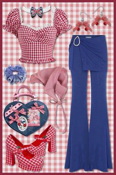 Cherry Gingham Denim outfit inspiration #retro #outfits #outfitoftheday #lookbook 1950s Diner Outfit, Cherry Fashion Aesthetic, Vintage Americana Aesthetic Outfit, Pink Gingham Outfit Aesthetic, Cherry Inspired Outfit, Americana Aesthetic Outfit, Red Gingham Outfit Aesthetic, Retro Gingham Top With Button Closure