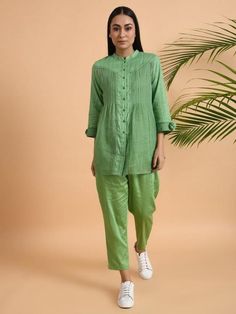 Green Cotton Dobby Shirt with Slip (Set of 2) By The Neem Tree now available at Trendroots Summer Cotton Blouse With Set-in Sleeves, Summer Cotton Kurta With Set-in Sleeves, Traditional Green Kurta For Work, Festive Long Sleeve Linen Sets, Linen Straight Kurta Set For Summer, Summer Linen Straight Kurta Set, Summer Linen Sets With Straight Kurta, Casual Cotton Kurta With Placket, Spring Cotton Kurta With Pintucks