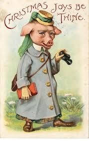 an old fashioned christmas card with a pig dressed in a coat and holding a camera