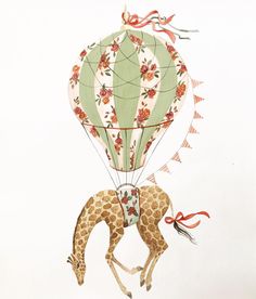 a giraffe is flying with a hot air balloon in the shape of a horse