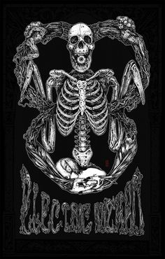 a black and white poster with a skeleton holding a human skull