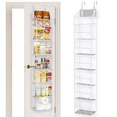 an open pantry door next to a hanging spice rack