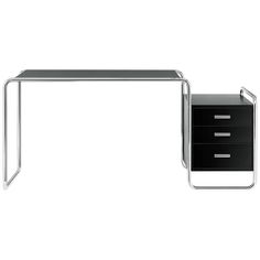 a black and white desk with two drawers on each side, against a white background