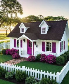 a small white house with purple shutters and pink flowers in the front yard is shown