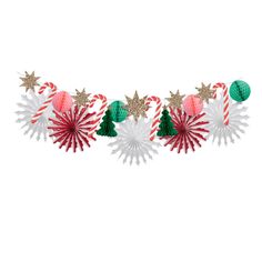 christmas decorations on a white background with red, green and gold striped paper fans in the shape of stars