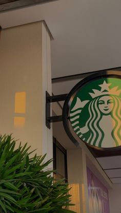 a starbucks sign hanging from the side of a building next to a potted plant