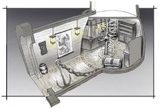 a drawing of a room with a spiral staircase in the center and pictures on the wall