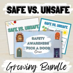 two posters with the words safe vs unsafe and safety awareness pick a door