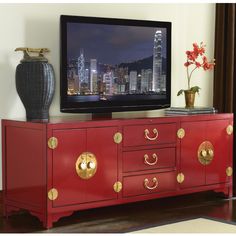 Red and gold tv stand Red Asian Furniture, Asian Tv Cabinet, Asian Inspired Living Room, Media Stands, Modern Entertainment Center, Asian Furniture, Lexington Home, Tv Stand Console, Entertainment Console