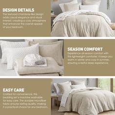 four different types of bedding with text describing the instructions for each type of comforter