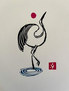 a black and white drawing of a flamingo standing on top of a body of water