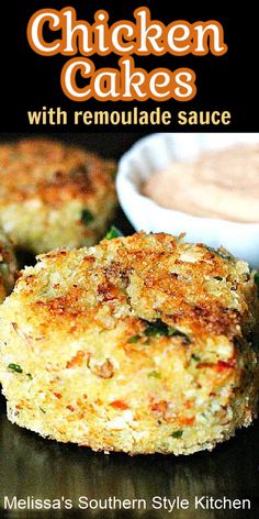 chicken cakes with remoulade sauce in front of the recipe title and image