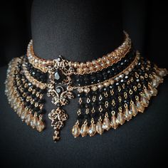 Black Gold Strand Necklace, Wide Choker Necklace, Crystal Necklace, Necklace, Gothic Necklace, Crystal Necklace, Bead Weaving Necklace - Etsy Luxury Temple Jewelry Style Bridal Choker, Luxury Temple Jewelry For Formal Occasions, Luxury Antique Gold Jewelry For Collectors, Luxury Jeweled Elegant Temple Necklace, Luxury Gold Plated Ceremonial Jewelry, Luxury Black Beaded Necklaces For Evening, Luxury Spiritual Jewelry For Navratri, Gold Beaded Necklaces With Black Beads For Evening, Gold Beaded Necklace With Black Beads For Evening