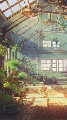 the interior of an old building with lots of potted plants