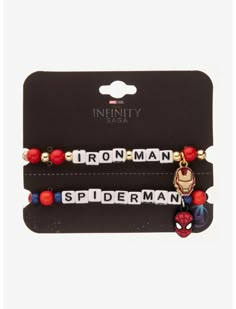 two bracelets with the words iron man and spiderman written on them in white letters