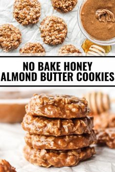 no bake honey almond butter cookies stacked on top of each other