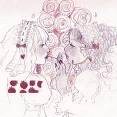 a drawing of two women talking to each other with roses in their hair and hearts on her cheek