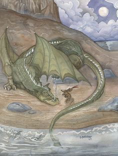 a painting of a green dragon on the beach