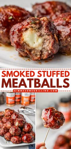 These Smoked Stuffed Meatballs are the best dinner idea for the family! These homemade meatballs are stuffed with mozzarella cheese, smoked on the pellet grill, and finished with BBQ sauce. What an easy recipe for dinner! Smoker Recipes With Ground Beef, Smoker Recipes Snacks, Smoker Football Food, Put Boss Recipes, Smoked Meat Recipes Ideas, Smoked Stuffed Meatballs, Smoked Bacon Wrapped Meatballs, Traeger Smoked Meatballs, Easy Traeger Dinners