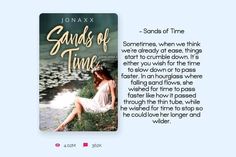 a book cover for sands of time by jonaxx with an image of a woman in white dress