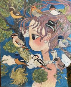 a painting of a girl surrounded by birds and trees with her hair blowing in the wind