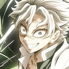 an anime character with white hair and black eyes, smiling at the camera while standing in front of green foliage