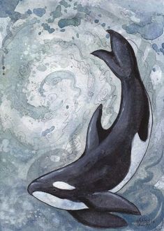 a painting of two orca whales swimming in the ocean with bubbles coming out of their mouths