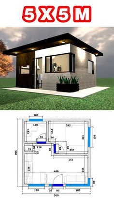 the floor plan for a small house is shown in red and white, with an image of