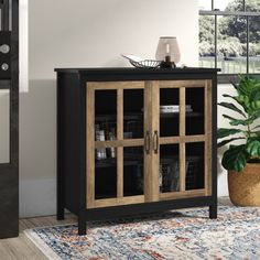 a living room with a rug, plant and bookcase in the corner on the floor