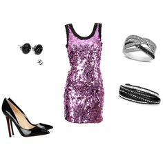 purple sequin dress with black accessories and high heels