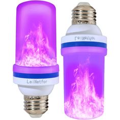 two different types of light bulbs with fire inside them, one is purple and the other is white