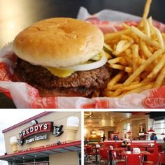 the burger and fries are on display at the restaurant