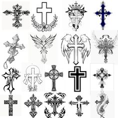 many different cross tattoos on white paper