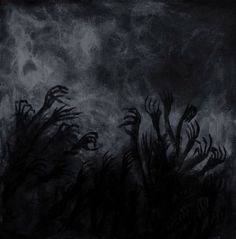 the painting is black and white with dark colored paint on it's sides, as well as silhouettes of plants