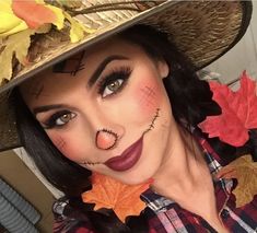 Homemade Scarecrow Costume Women, Fall Festival Costume Ideas, Cute Scarecrow Makeup For Women, Female Scarecrow Makeup, Scarecrow Womens Costume, Scarecrow Costume Women Makeup, Easy Scarecrow Makeup Last Minute