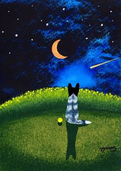 a painting of a dog sitting on top of a green field next to a ball