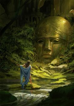 a painting of a woman standing next to a golden mask in the woods with trees