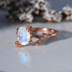 Dainty Natural Moonstone Leaf Ring, 2ct Oval Cut Twig Moonstone Ring, Rose Gold Ring Unique Curved Floral Ring Gold Ring Unique, Marquise Cut Rings, Twig Ring, Alexandrite Ring, Semi Precious Gems, Floral Ring, Ring Rose Gold, Leaf Ring, Moonstone Jewelry